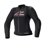 Alpinestars Stella SMX Air Damen-Motorradjacke, Schwarz mit pink-gelbem Farbverlauf-Logo, Vorderansicht mit Mesh-Belüftungseinsätzen, DFS Lite Schulterprotektoren und sportlich-ergonomischem Design