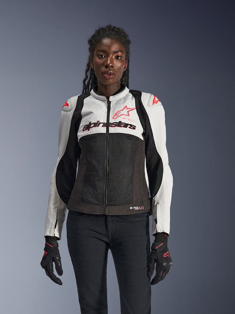Alpinestars Stella SMX Air motorjas voor dames, zwart en wit met rode details, mesh ventilatiepanelen, racingjas met bescherming, sportief ontwerp