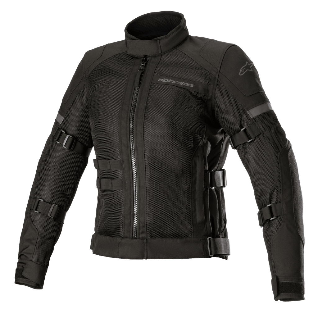 Alpinestars Stella Crosshill WP Air Jacket, Women's Motorcycle Jacket, Black, featuring large tech mesh panels for airflow, adjustable volume straps on sleeves and torso, high collar with front zipper, sleek touring design with subtle branding