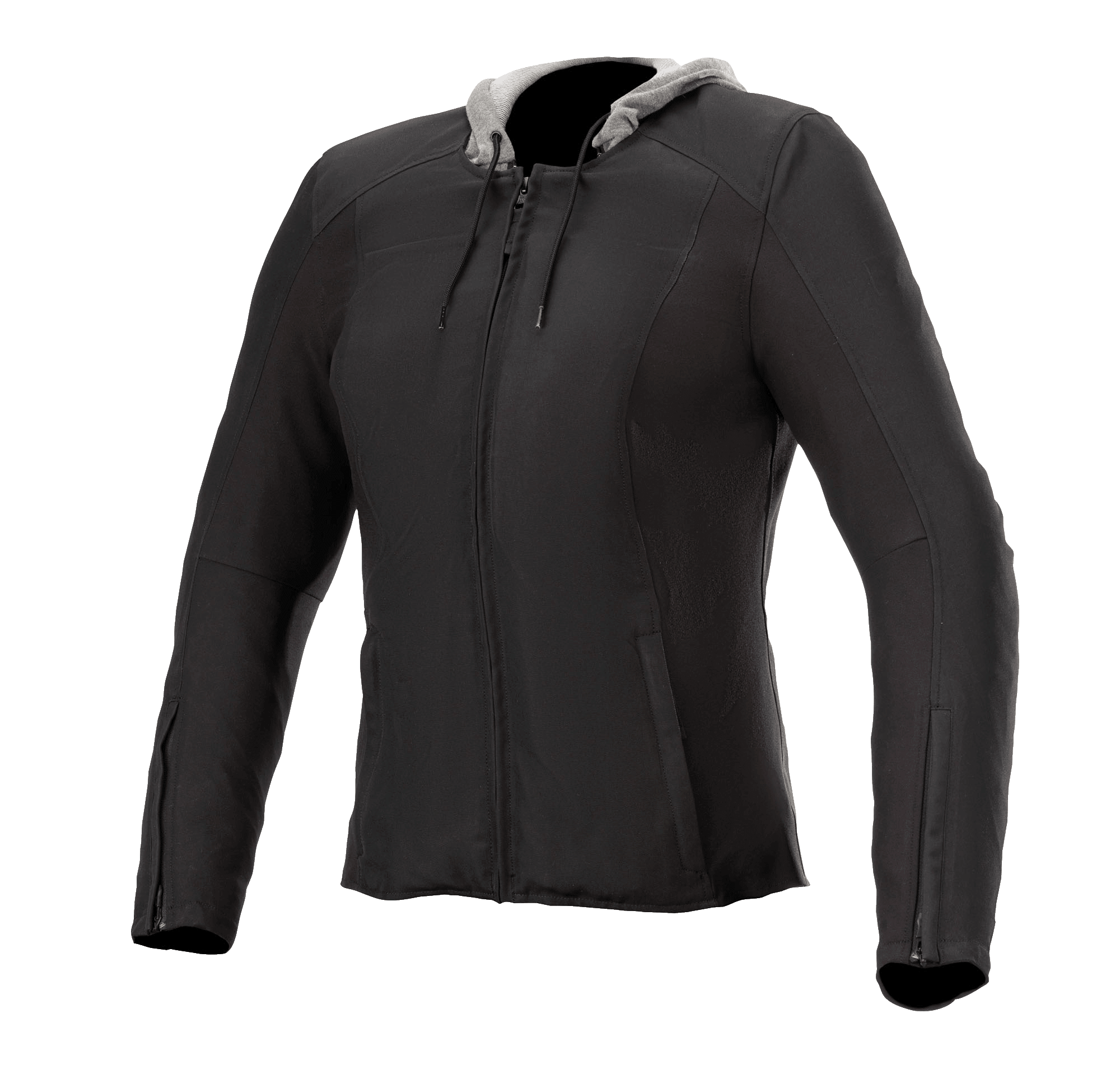 Alpinestars Bond Women's Jacket, Black with Gray Hood, Women's Urban Motorcycle Jacket, Front Zipper, Long Sleeves with Cuff Zippers, Tailored Fit, Smooth Waxed Textile Fabric