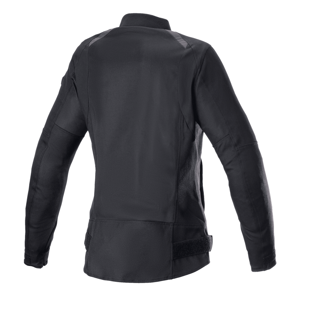 Alpinestars Eloise V2 Women's Air Jacket, Black, Back view of bomber-style motorcycle jacket, extensive mesh panels for cooling, elongated rear profile, durable 600D poly-fabric and mesh construction