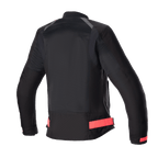 Alpinestars Eloise V2 Women's Air Jacket, veste de moto pour femme, noire avec accents Diva Pink, vue arrière montrant de larges panneaux en maille pour la circulation de l'air, sangles de taille roses ajustables et profil arrière allongé pour le confort de conduite