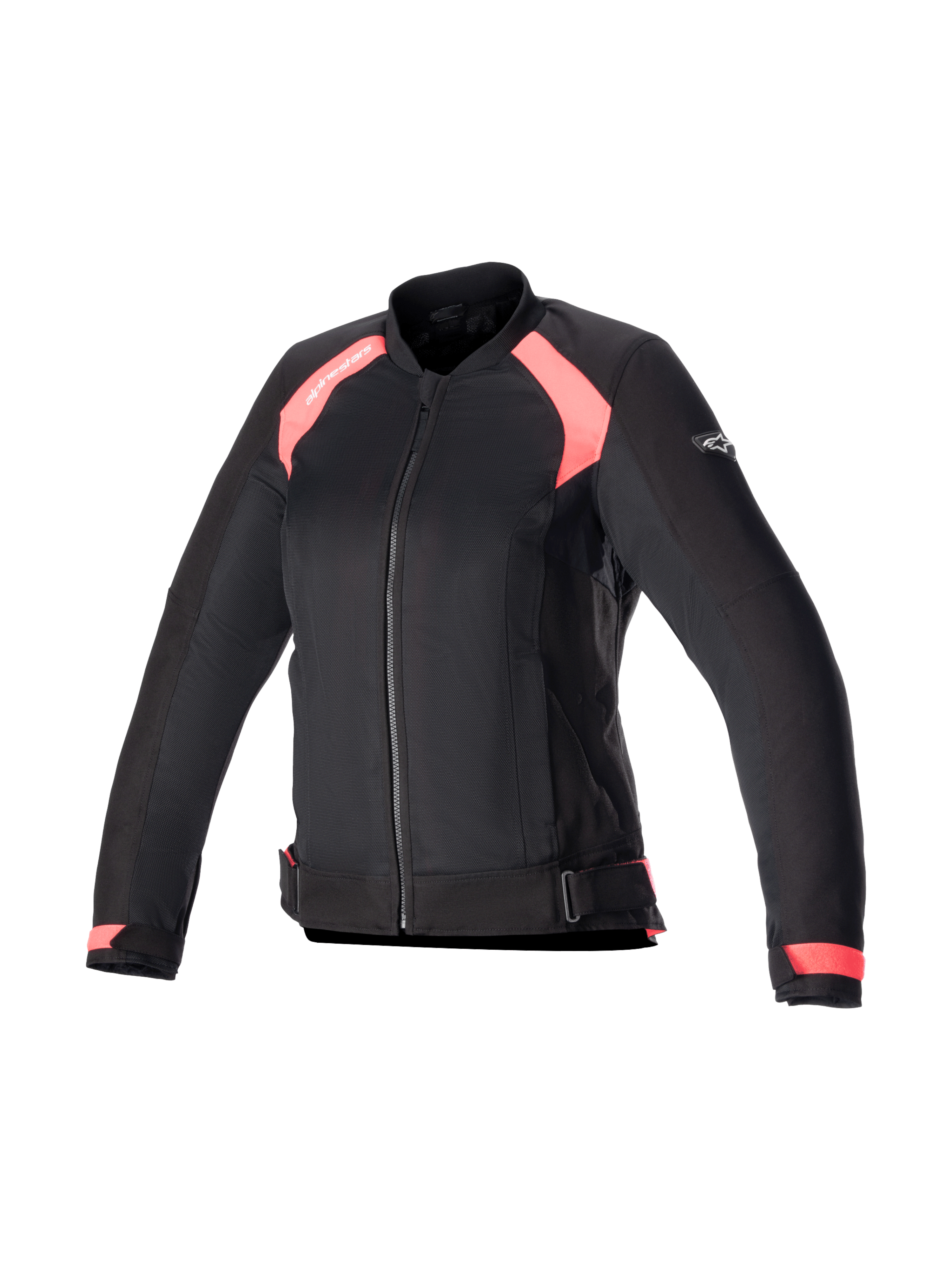 Alpinestars Eloise V2 Air damesjas, zwarte en diva roze textiel motorjas met meshpanelen, Tech-Air ready.