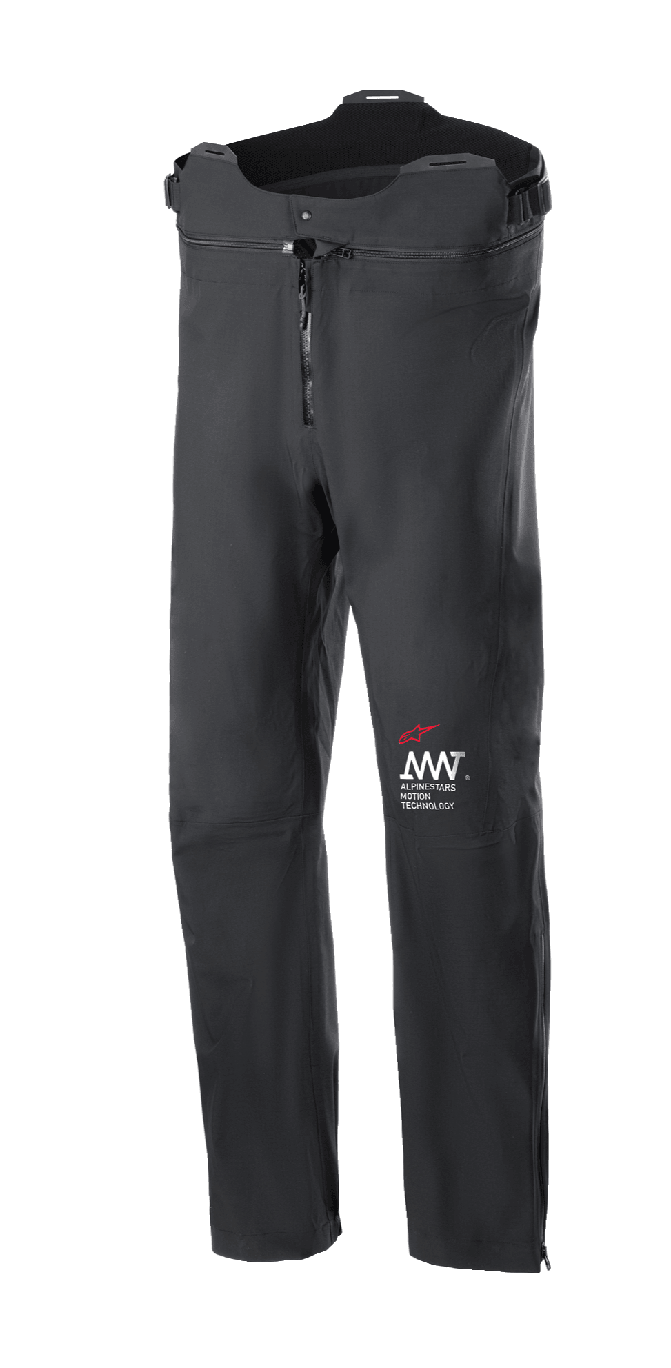 Alpinestars AMT Storm Gear Drystar XF broek, zwarte touring motorbroek, waterdicht en ademend, ritssluiting aan de voorzijde, verstelbare taille met hoger gesneden achterkant, duurzame constructie met rood en wit AMT-logo
