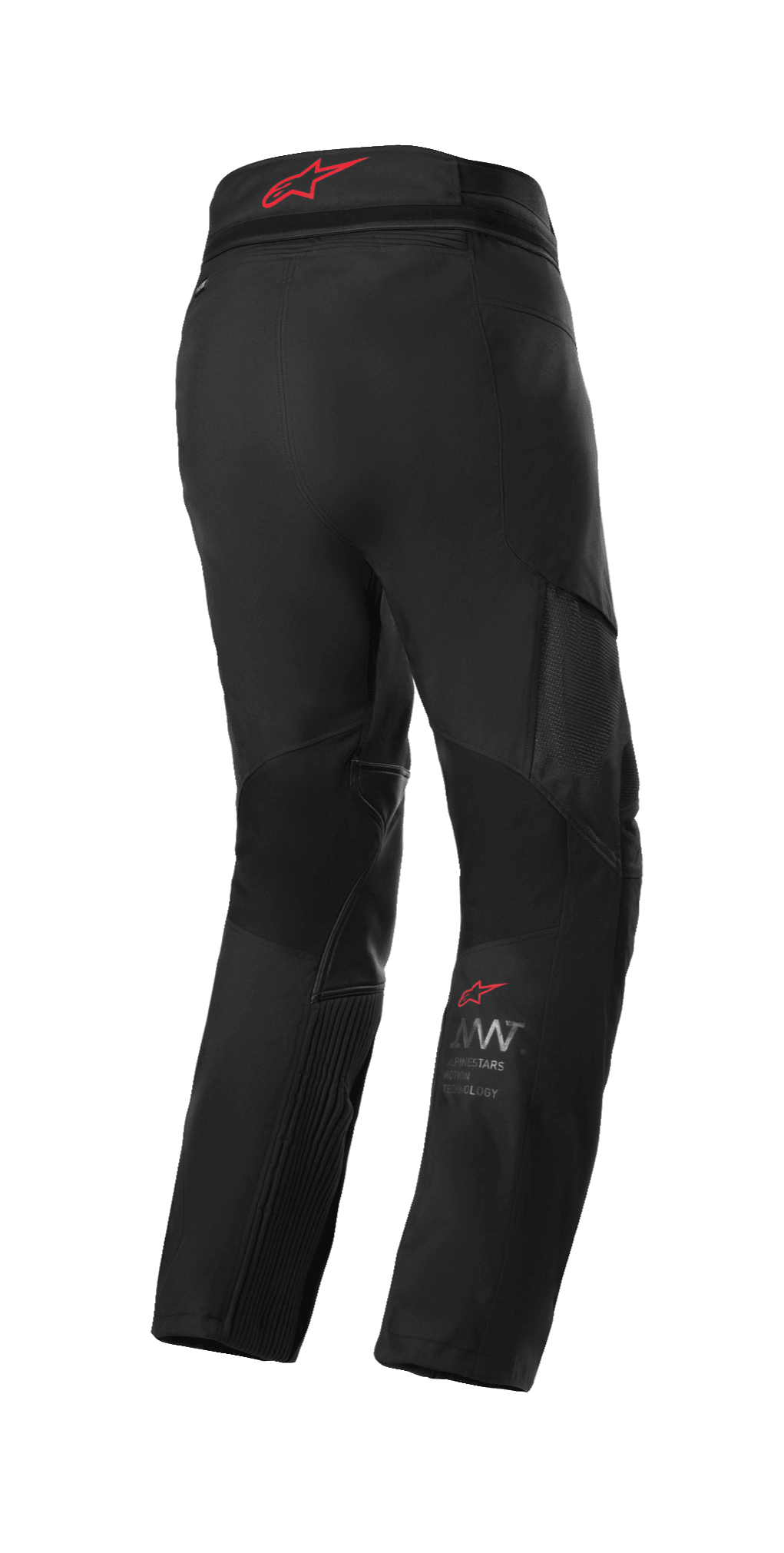 Pantalon Alpinestars AMT 7 Air, pantalon de moto Adventure Touring, Noir Dark Shadow, vue arrière avec logo Alpinestars rouge sur la ceinture, doté de panneaux de ventilation MATRYX et de zones extensibles pour la circulation de l'air et le confort.