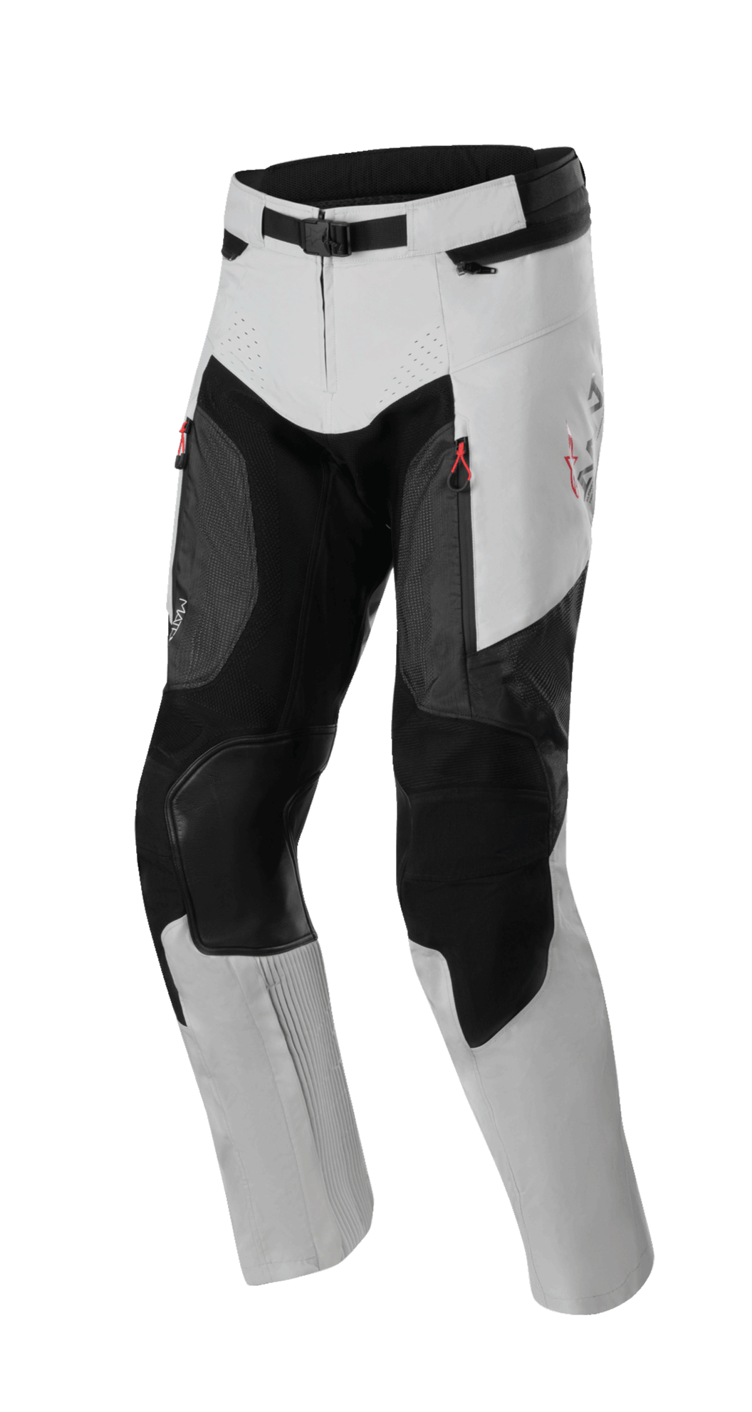 Alpinestars AMT 7 Air Pants, Adventure Touring Motorcycle Pants, Tan and Dark Shadow, featuring red zipper accents and MATRYX ventilation panels, reinforced knee protection, laser-perforated detailing, adjustable magnetic waist closure, modern design with textured panels