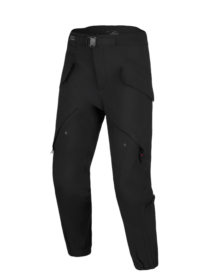 Alpinestars Juggernaut V2 Drystar Pants, Black urban motorcycle riding pants, waterproof textile construction with magnetic buckle and cargo pockets