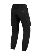 Alpinestars Flex-AST Cargo Pants - Short, zwart, achteraanzicht van stedelijke motorbroek met een taps toelopende pasvorm, elastische enkelsluitingen, cargozakken aan de zijkant en subtiele branding op de achterzak.