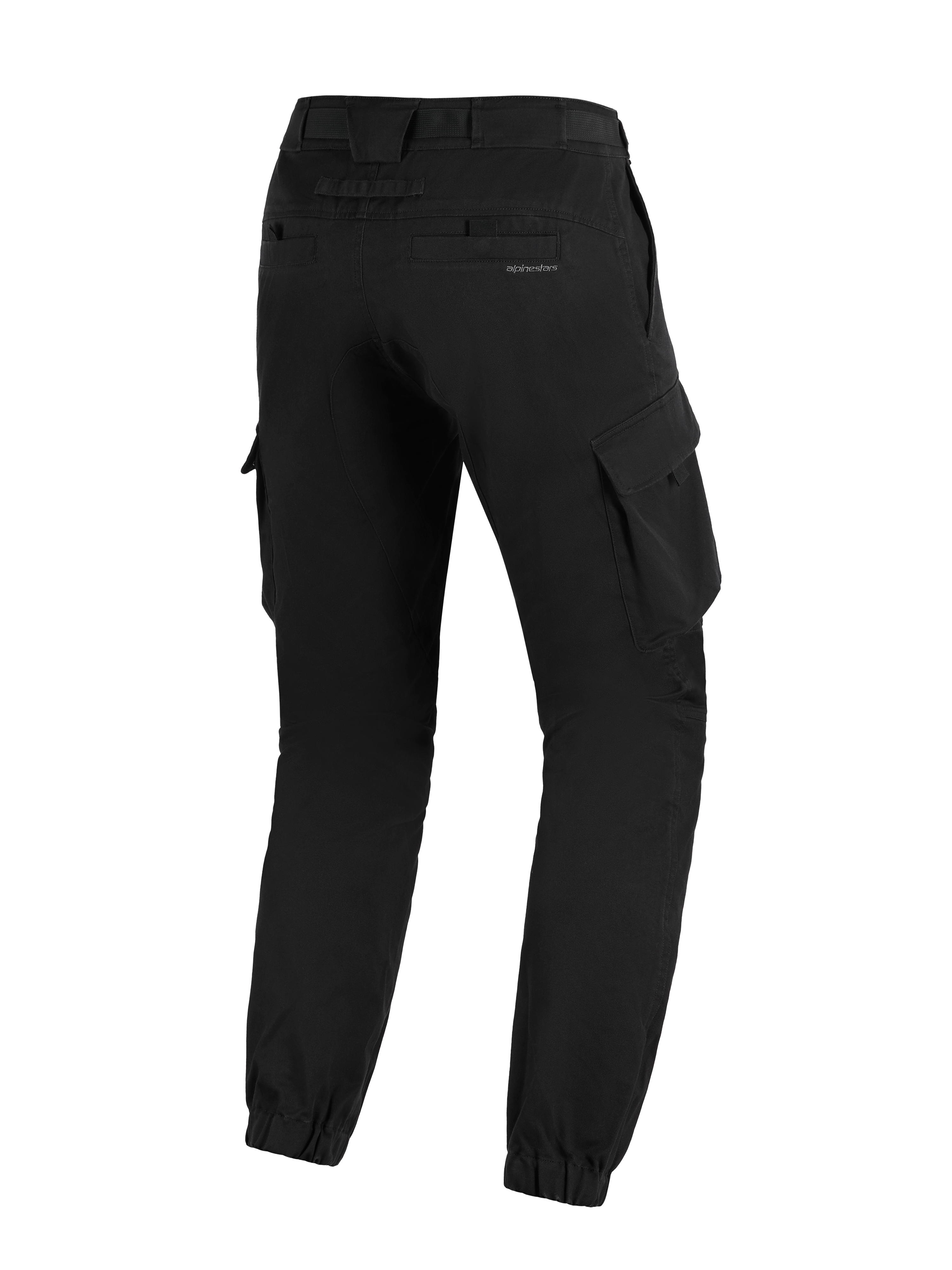 Alpinestars Flex-AST Cargo Pants - Short, zwart, achteraanzicht van stedelijke motorbroek met een taps toelopende pasvorm, elastische enkelsluitingen, cargozakken aan de zijkant en subtiele branding op de achterzak.