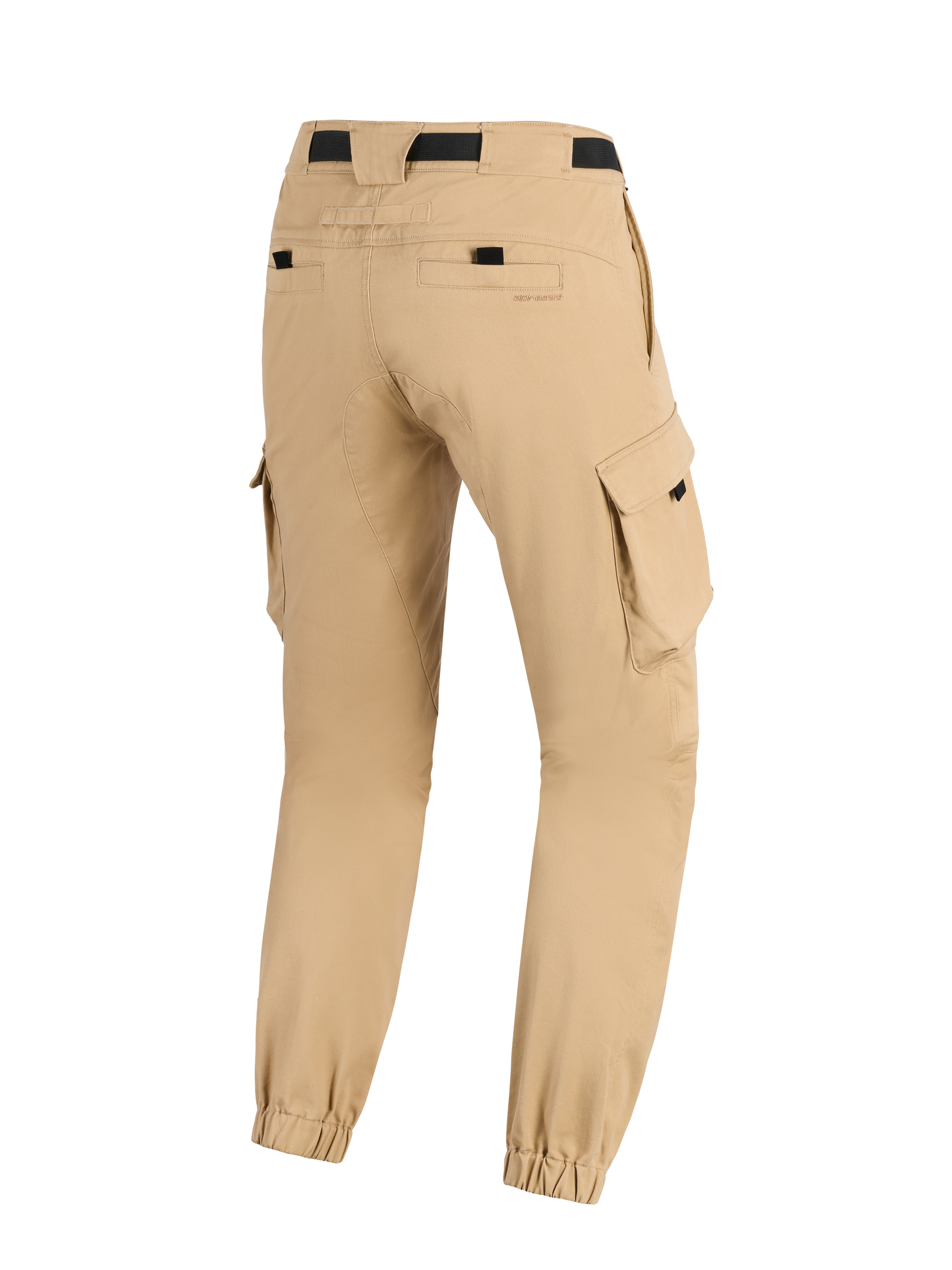 Alpinestars Flex-AST Cargo broek, lichtbeige, motorbroek, achteraanzicht met toelopende pijpen en elastische zomen, cargozakken aan de zijkant en zwarte tailleband, urban militair-geïnspireerd ontwerp