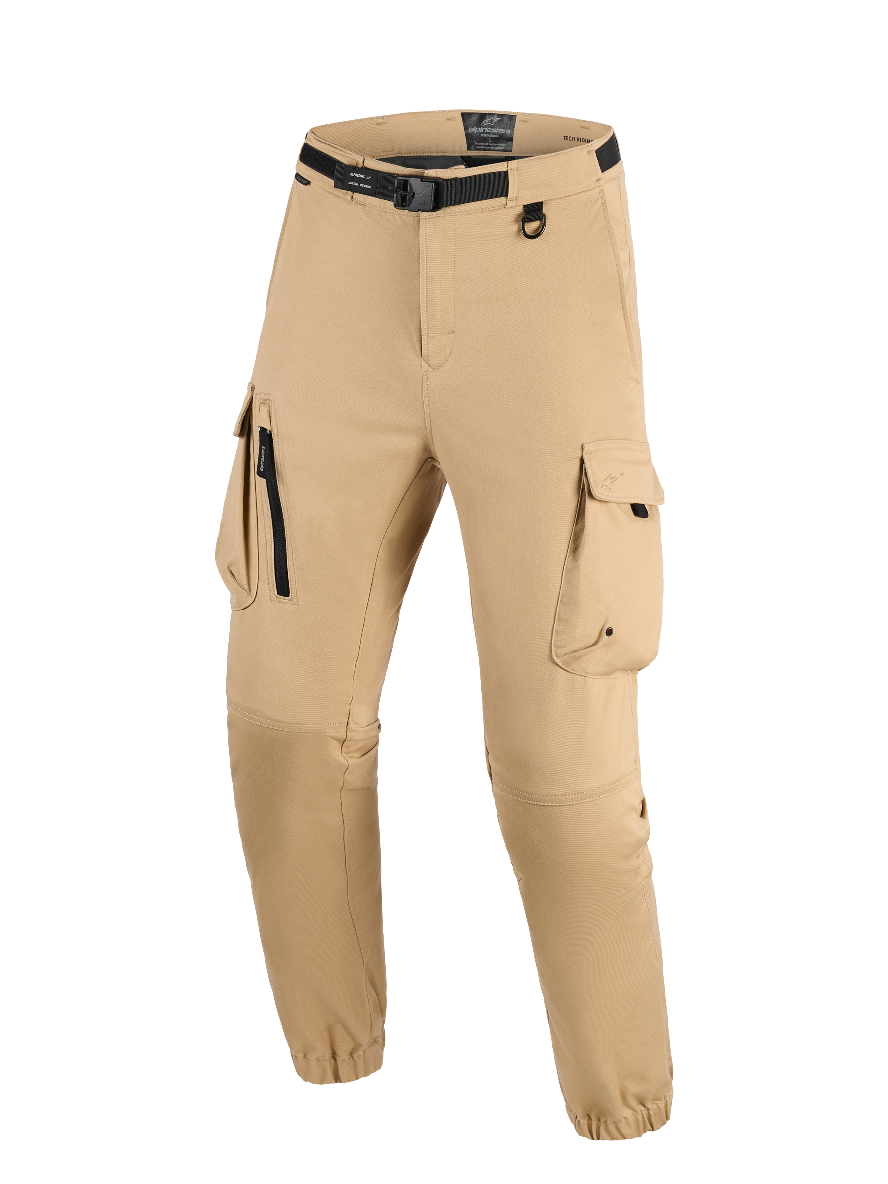 Alpinestars Flex-AST Cargo Broek, lichtbeige, technische urban motorbroek voorzien van een geïntegreerde zwarte riem met gesp, grote cargozakken met rits- en klepdetails, D-ring en elastische zomen, moderne robuuste stijl voor het rijden.
