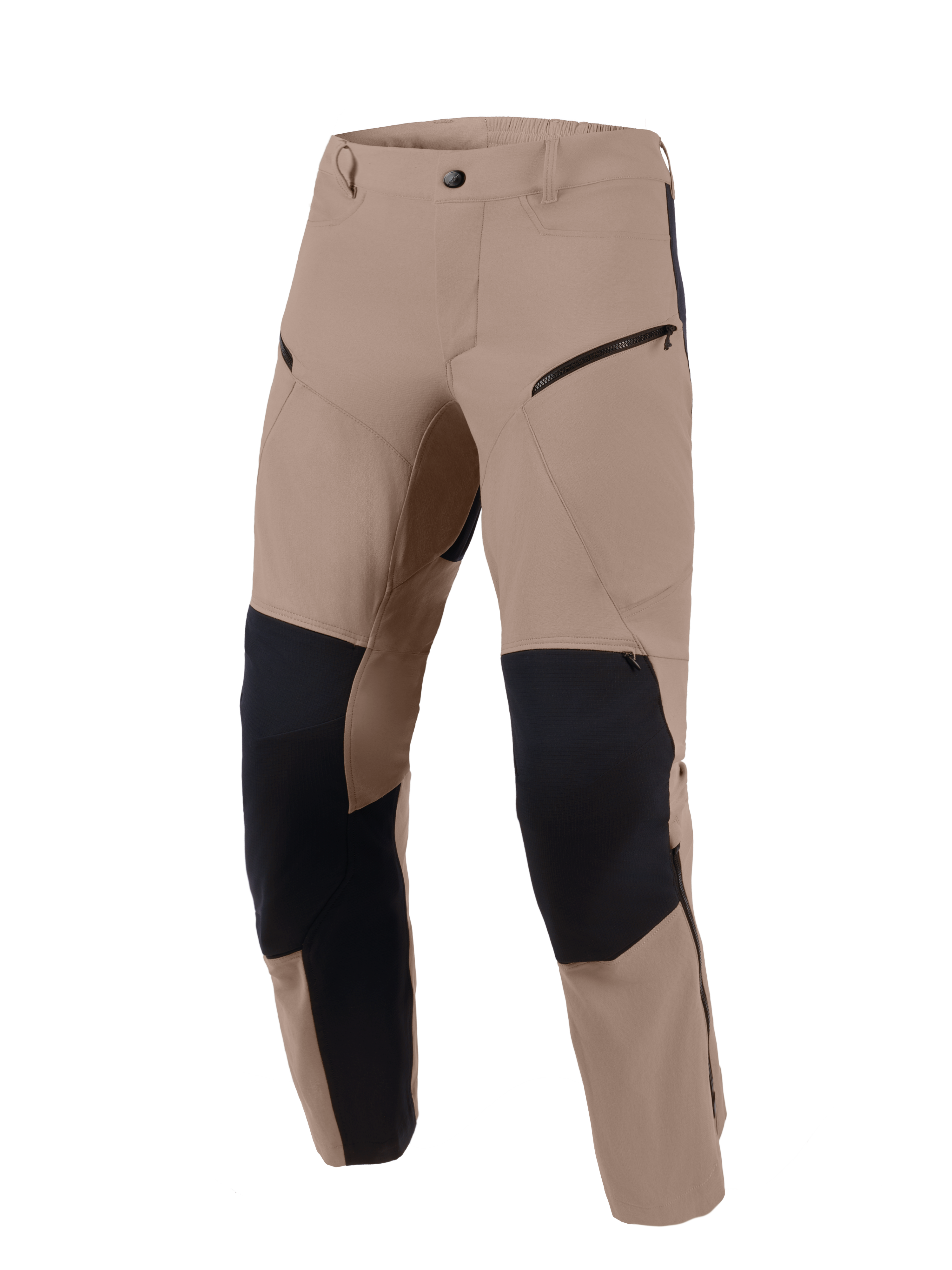 Alpinestars Flex-AST Explorer Hose, Adventure-Motorradhose, Walnuss-Schwarz, walnussbraunes Stretch-Textil mit schwarzen Ripstop-Verstärkungspanelen an Knien und Beininnenseiten, Cargo-Taschen mit Reißverschluss, robustes Design für unterschiedliches Gelände.