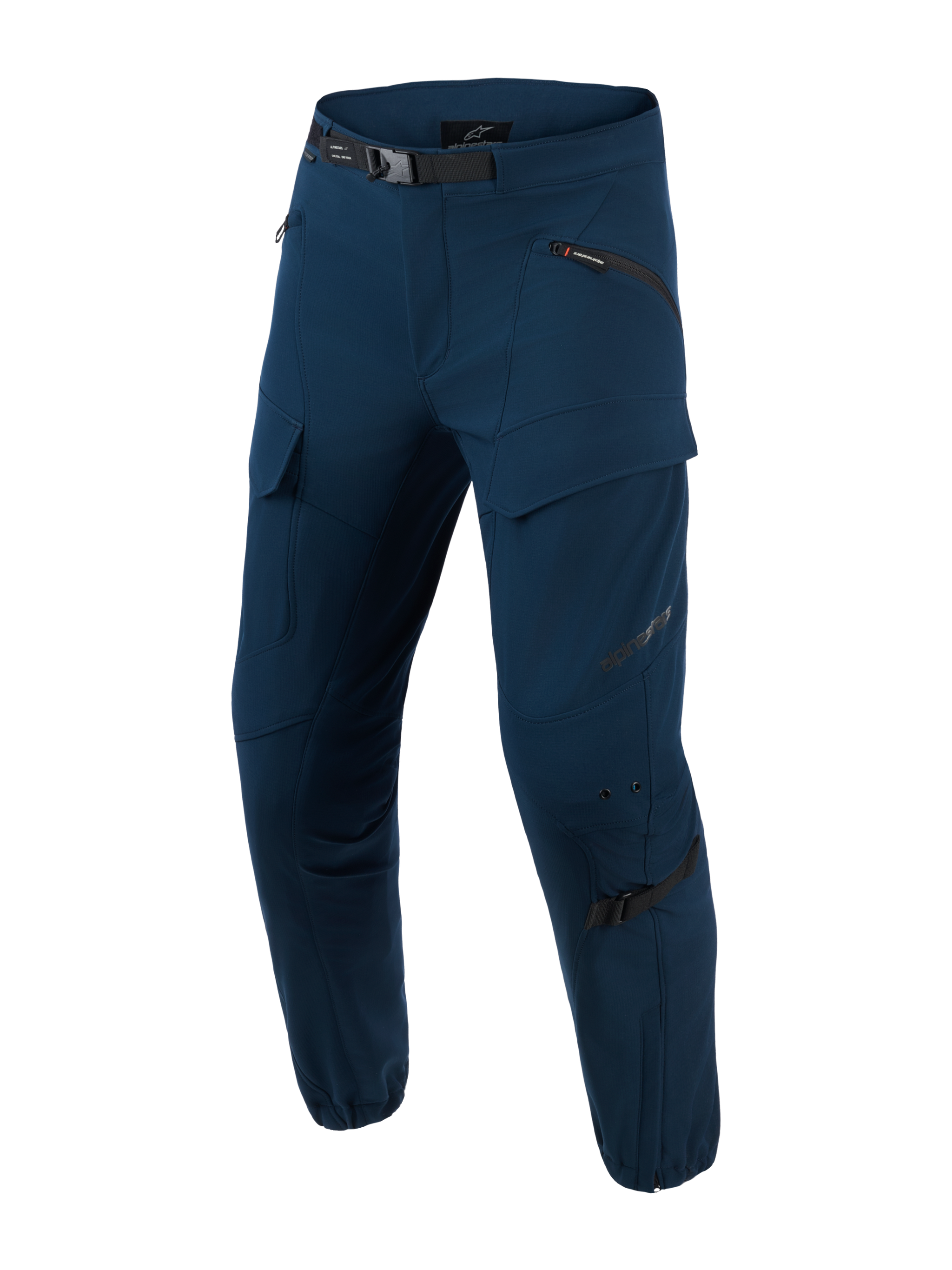 Alpinestars Juggernaut V2, pantalon de moto pour homme, bleu foncé, coupe ajustée, multiples poches zippées, ceinture réglable noire, zones renforcées aux genoux, tissu extensible