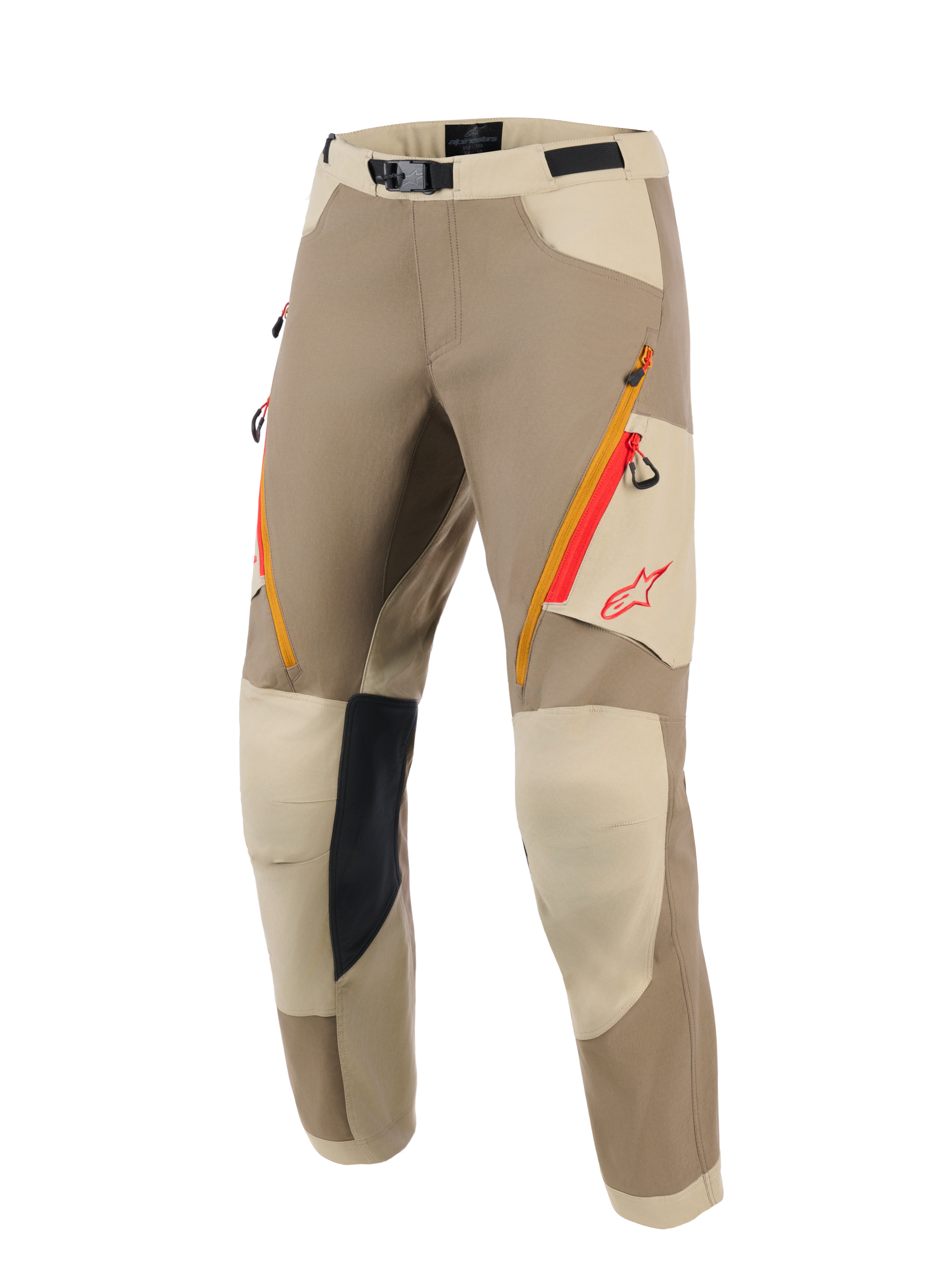 Alpinestars Maxdura Dual Pants, Adventure Motorcycle Pants, Walnut and Aluminum tan colorway, featuring orange and red zippered thigh pockets, light beige reinforced knee panels with black inner grip, and red Alpinestars logo, designed for dual-sport riding