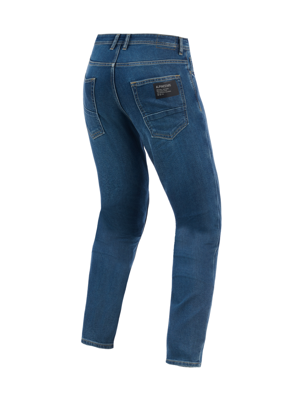 Alpinestars Flex-AST 5 Denim broek, urban motorbroek, Indigo Washed blauw, achteraanzicht met toelopende pasvorm en achterzakken met zwarte Alpinestars logo-patch
