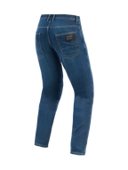 Alpinestars Flex-AST 5 Denim broek, urban motorbroek, Indigo Washed blauw, achteraanzicht met toelopende pasvorm en achterzakken met zwarte Alpinestars logo-patch