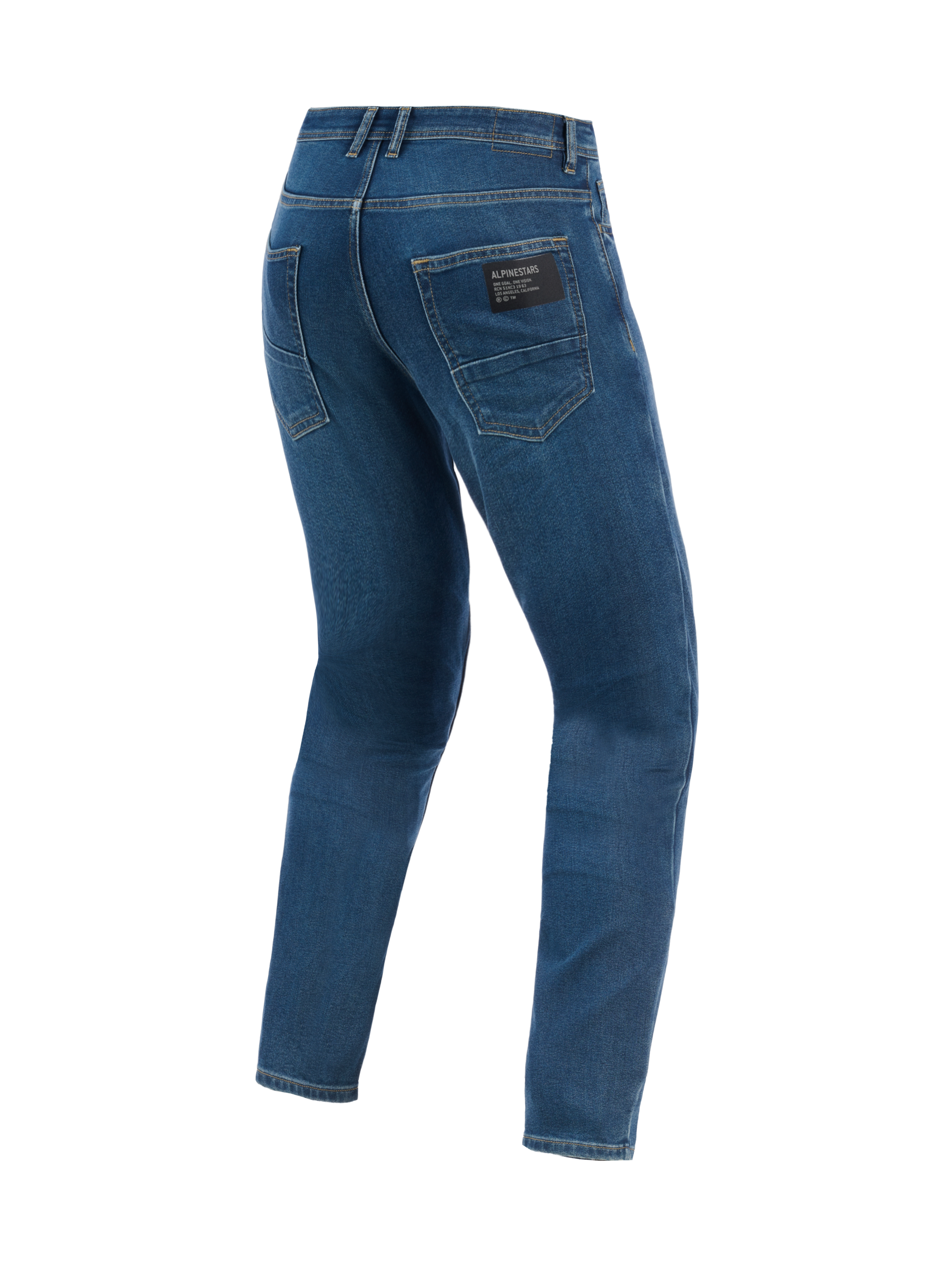 Alpinestars Flex-AST 5 Denim broek, urban motorbroek, Indigo Washed blauw, achteraanzicht met toelopende pasvorm en achterzakken met zwarte Alpinestars logo-patch