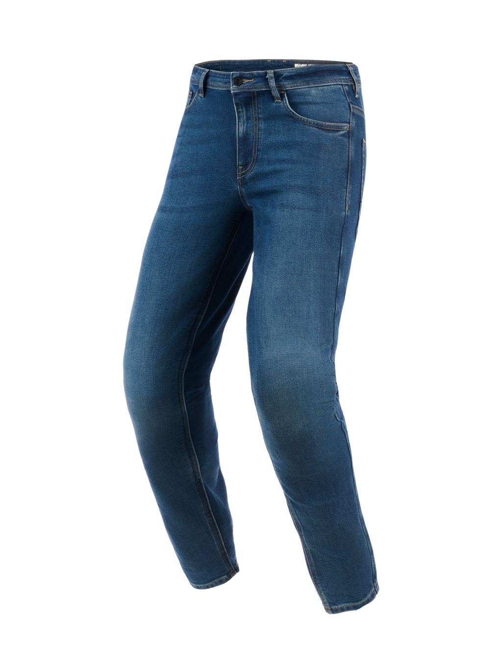 Alpinestars Flex-AST 5 Denim broek, urban motorjeans, Indigo Washed Blue, voorzien van een moderne toelopende pasvorm met monolaag stretch-denim constructie en voorgevormde broekspijpen voor rijergonomie.