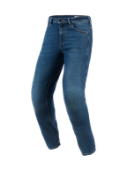 Alpinestars Flex-AST 5 Denim broek, urban motorjeans, Indigo Washed Blue, voorzien van een moderne toelopende pasvorm met monolaag stretch-denim constructie en voorgevormde broekspijpen voor rijergonomie.