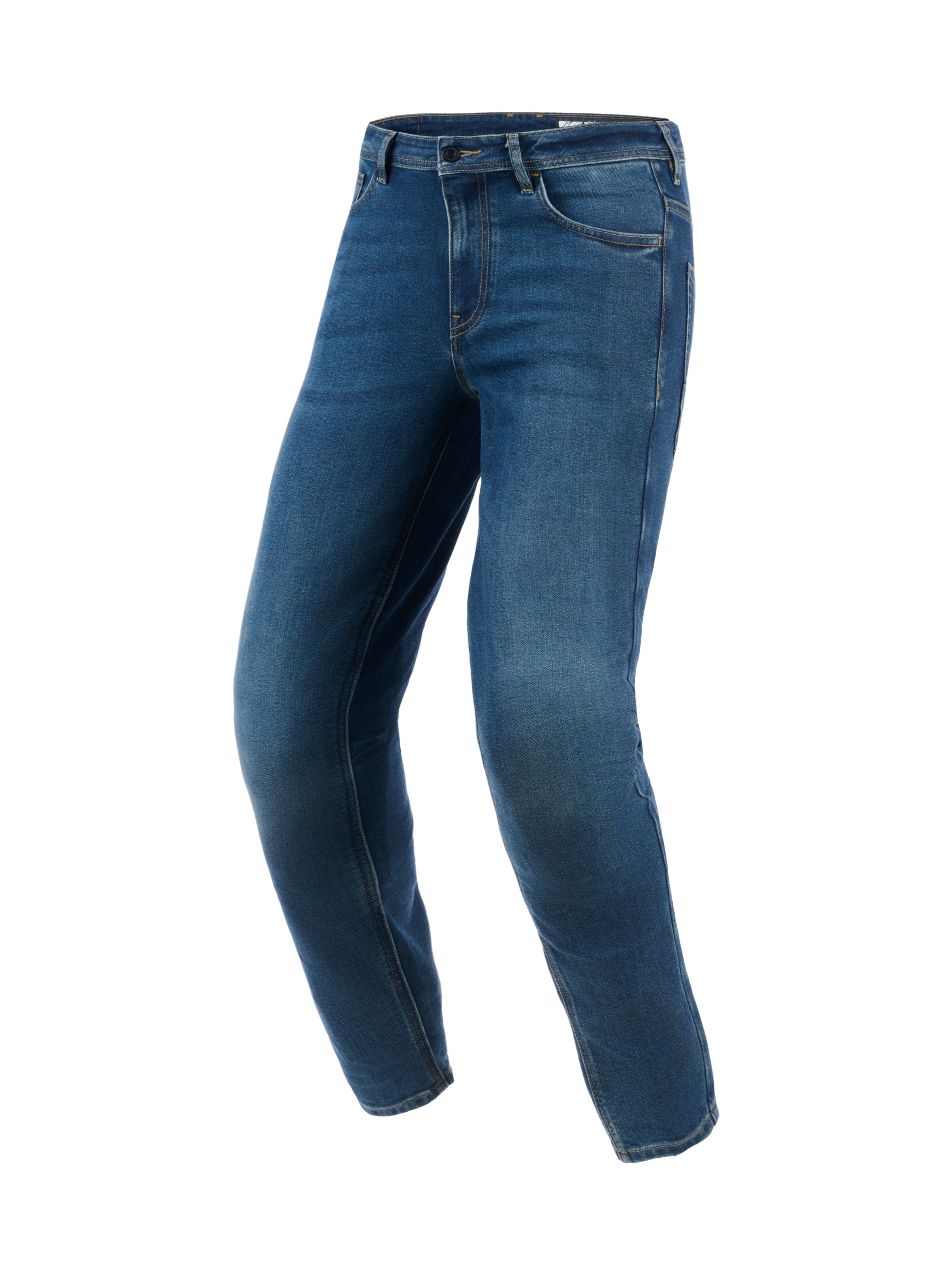 Alpinestars Flex-AST 5 Denim broek, urban motorjeans, Indigo Washed Blue, voorzien van een moderne toelopende pasvorm met monolaag stretch-denim constructie en voorgevormde broekspijpen voor rijergonomie.