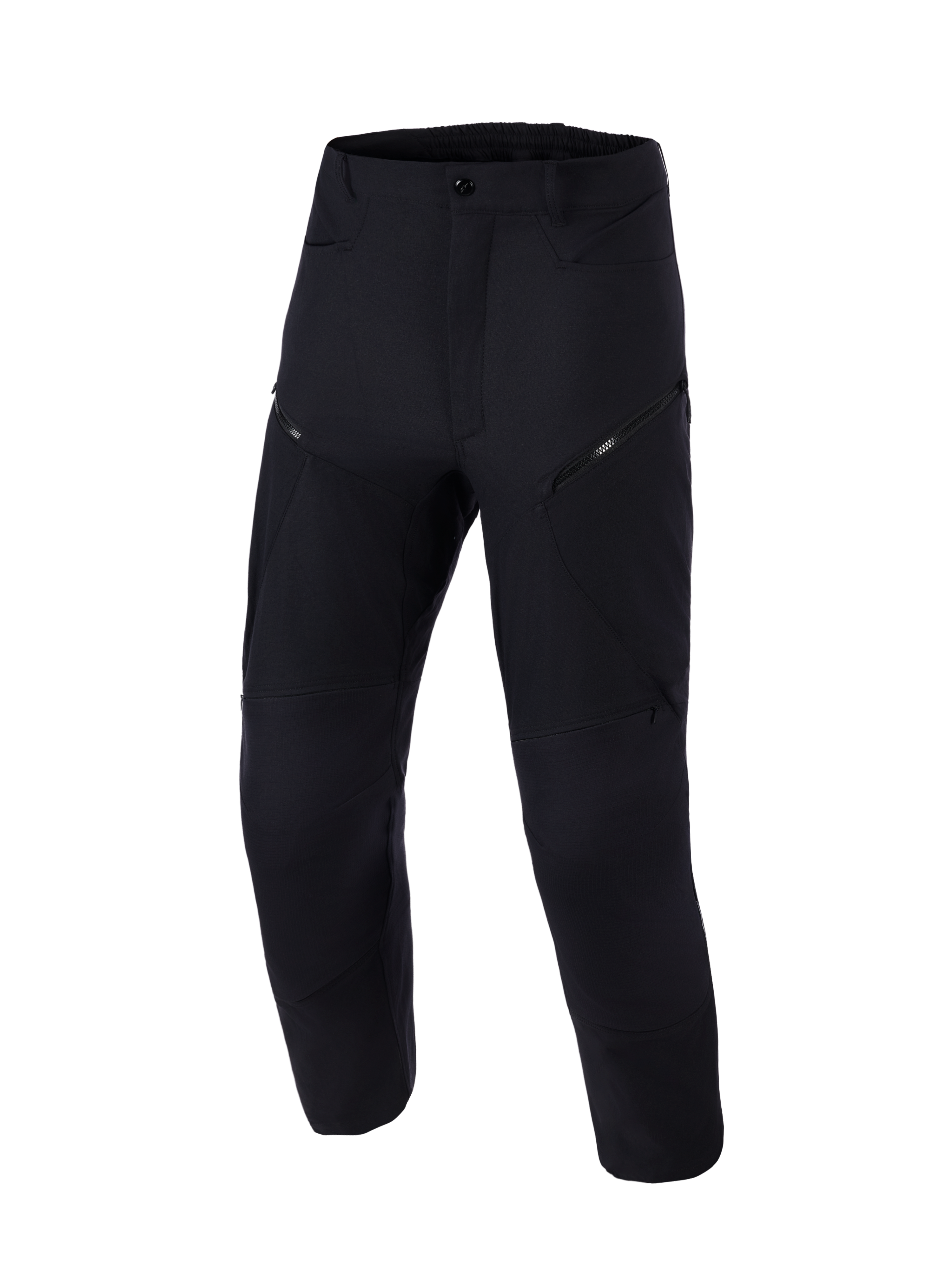 Alpinestars Explore AST Hose Kurz, Motorrad-Adventure-Hose, Schwarz, Vorderansicht, technische Stretch-Ripstop-Konstruktion, diagonale Cargo-Reißverschlusstaschen, ergonomisches Design für Fahrten bei warmem Wetter