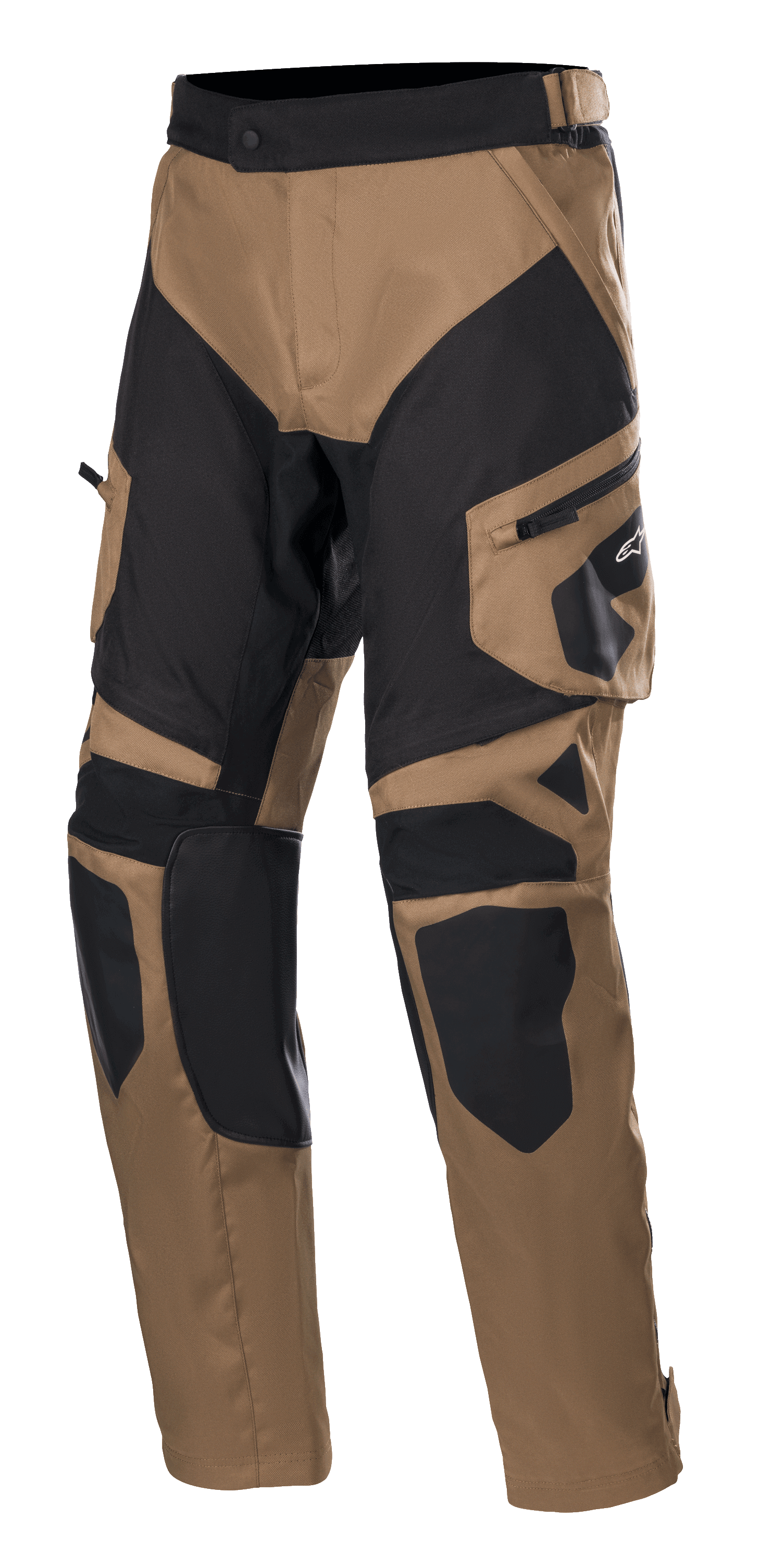 Alpinestars Venture XT Pants Over Boot, Adventure-Touring-Motorradhose, Camel und Schwarz, mit verstärkten Knie- und Oberschenkelpartien, seitlicher Cargo-Tasche mit Alpinestars-Logo und verstellbarem Taillenriemen.