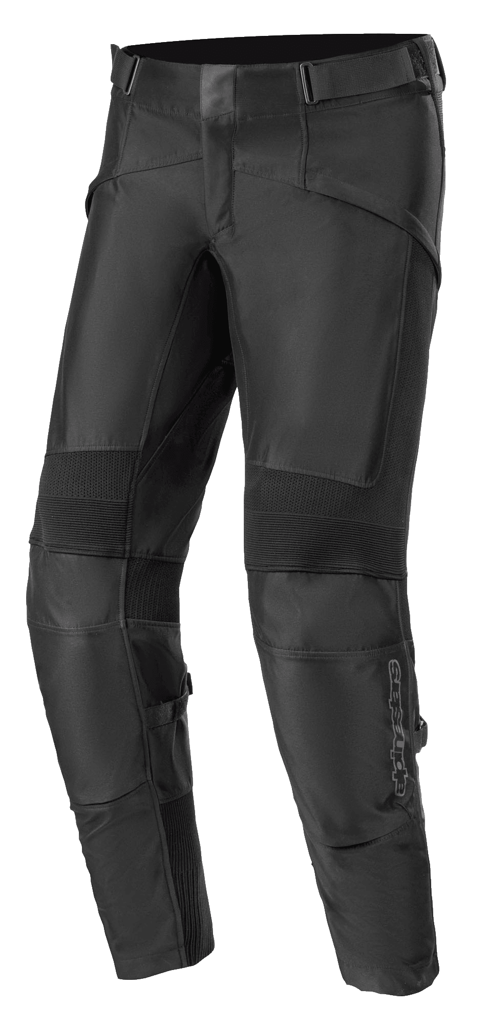 Alpinestars T SP-5 Rideknit Pants, schwarze Textil-Motorradhose, gerippte Stretch-Einsätze an den Knien, verstellbare Taillengurte, strapazierfähige Strickbereiche für Flexibilität, schmale konische Passform für sportliche Performance