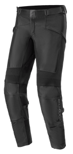 Alpinestars T SP-5 Rideknit Pants, schwarze Textil-Motorradhose, gerippte Stretch-Einsätze an den Knien, verstellbare Taillengurte, strapazierfähige Strickbereiche für Flexibilität, schmale konische Passform für sportliche Performance