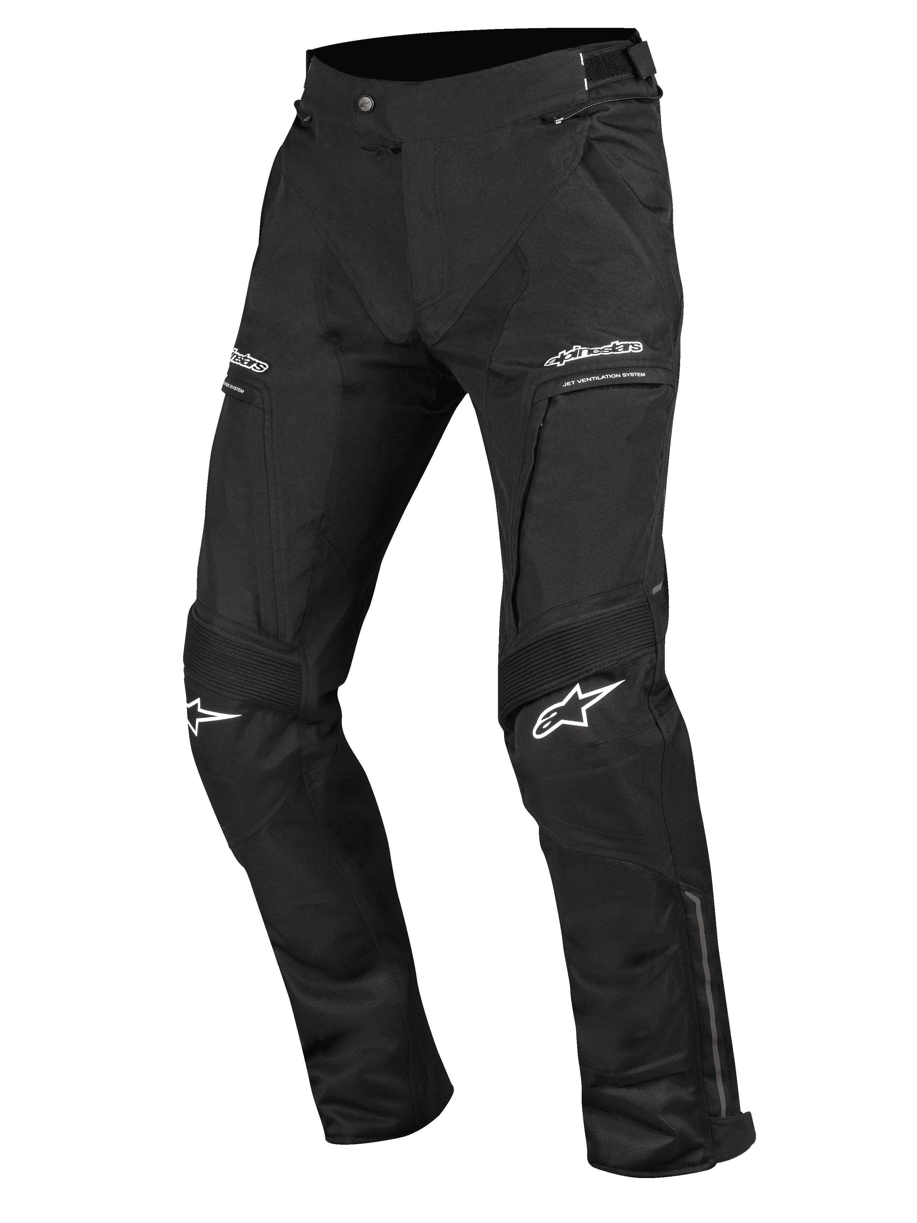 Alpinestars Ramjet Air Hose, Motorradhose, Schwarz, Netz-Belüftungspaneele, Akkordeon-Stretcheinsätze an den Knien, weiße Logos auf Oberschenkeln und Knien, Reißverschlusstaschen, strapazierfähige mehrteilige Textilkonstruktion für Straßentouren