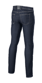 Alpinestars Cult-8 Stretch Denim Broek, Rinse Blue, achteraanzicht, voorzien van een five-pocket ontwerp met tonaal geborduurd logo op de achterzak, ontspannen reguliere pasvorm met rechte pijpen, beschermende motorjeans