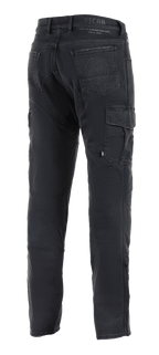 Pantalon Cargo Alpinestars Barton Riding, pantalon de moto noir, vue arrière présentant une poche cargo latérale, poches arrière avec logo en spirale, marquage Oscar by Alpinestars à la taille, tissu en maille de style denim décontracté