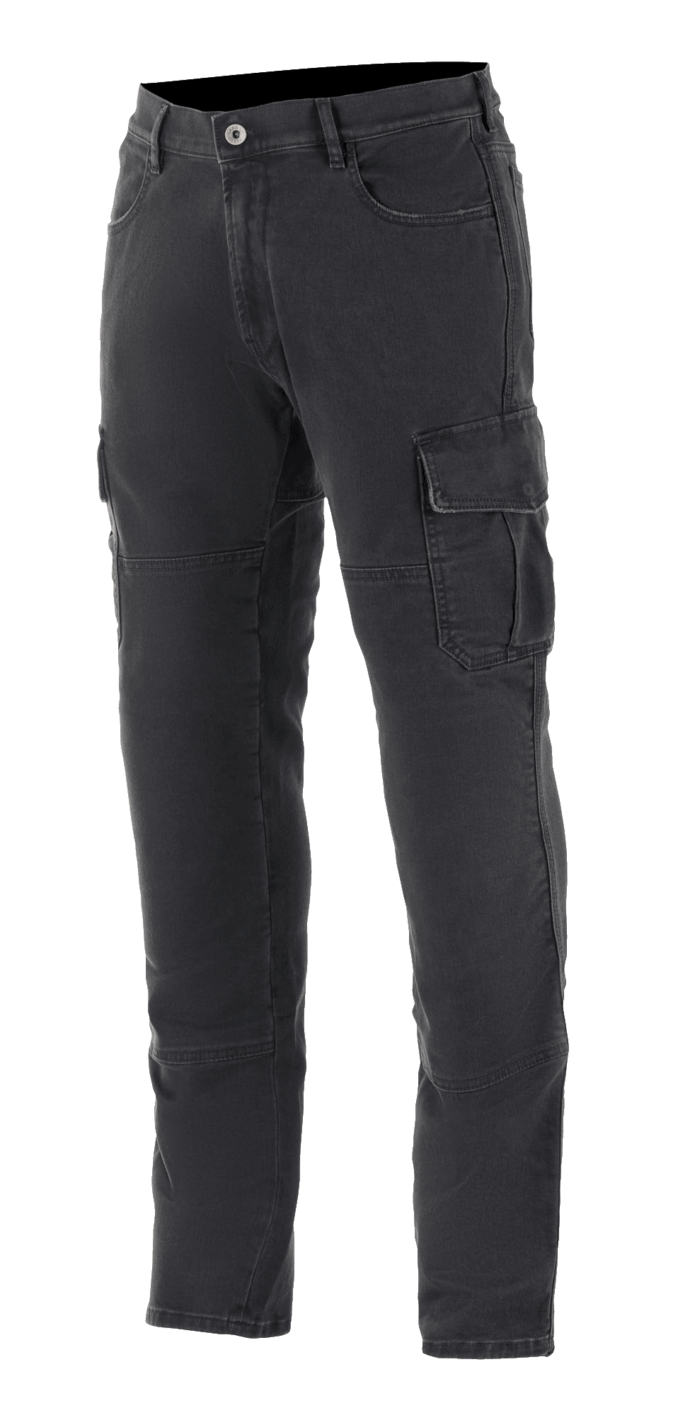 Alpinestars Barton Riding Cargo Pants, urban motorrijbroek, Rinse Plus Black, voorzien van cargozakken met kleppen, riemlussen en taps toelopende pijpen, casual stonewashed denim look met duurzame textielconstructie
