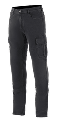 Alpinestars Barton Riding Cargo Pants, pantalon de moto urbain, noir Rinse Plus, avec poches cargo à rabat, passants de ceinture et jambes fuselées, aspect denim délavé décontracté et construction textile résistante