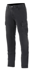 Alpinestars Barton Riding Cargo Pants, pantalon de moto urbain, noir Rinse Plus, avec poches cargo à rabat, passants de ceinture et jambes fuselées, aspect denim délavé décontracté et construction textile résistante