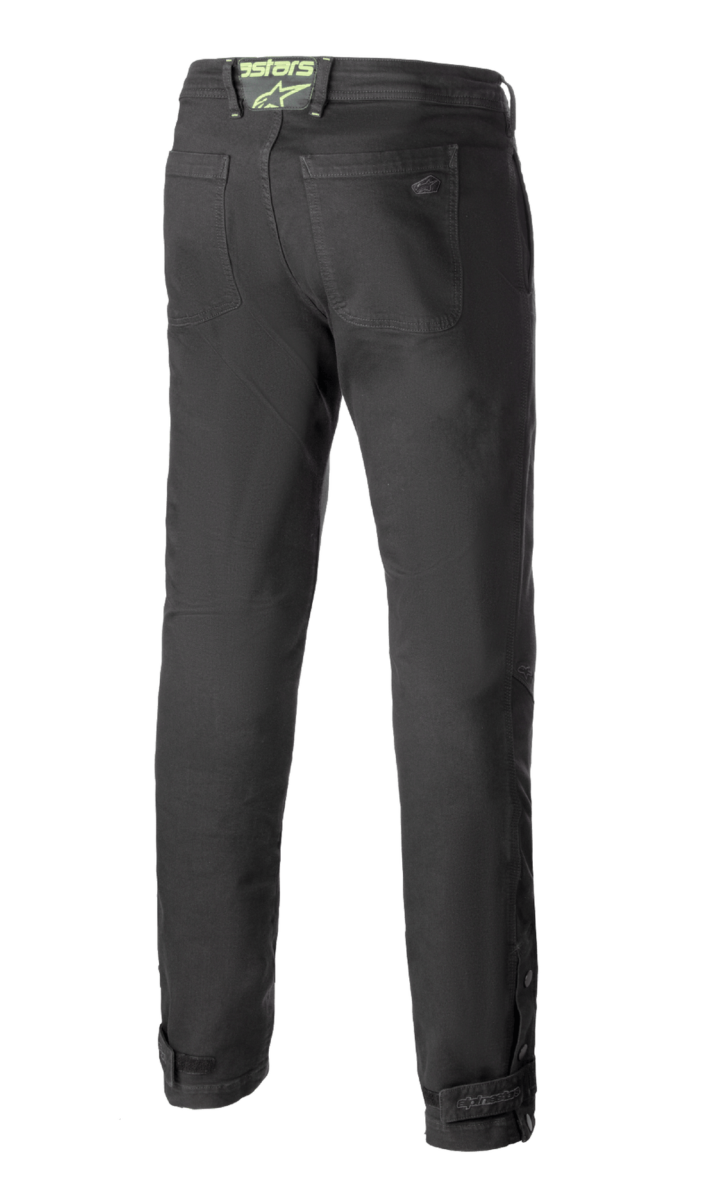 Pantalon de moto Alpinestars Stratos Regular Fit Tech, gris anthracite, vue de dos présentant une coupe fuselée, des poches arrière, le logo Alpinestars vert fluo sur la ceinture et des fermetures réglables aux mollets