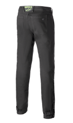 Pantalon de moto Alpinestars Stratos Regular Fit Tech, gris anthracite, vue de dos présentant une coupe fuselée, des poches arrière, le logo Alpinestars vert fluo sur la ceinture et des fermetures réglables aux mollets
