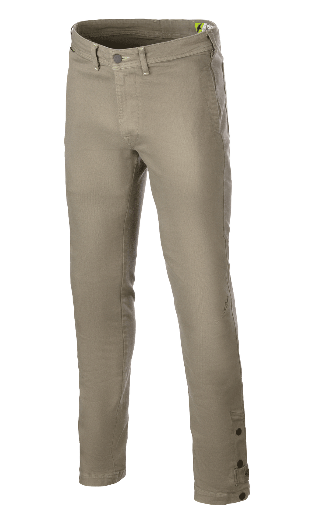 Alpinestars Stratos Regular Fit Tech Riding Pants, motorrijbroek, militair groen, voorzien van een toelopend ontwerp, knoop- en ritssluiting, riemlussen en verstelbare knopen bij de enkels