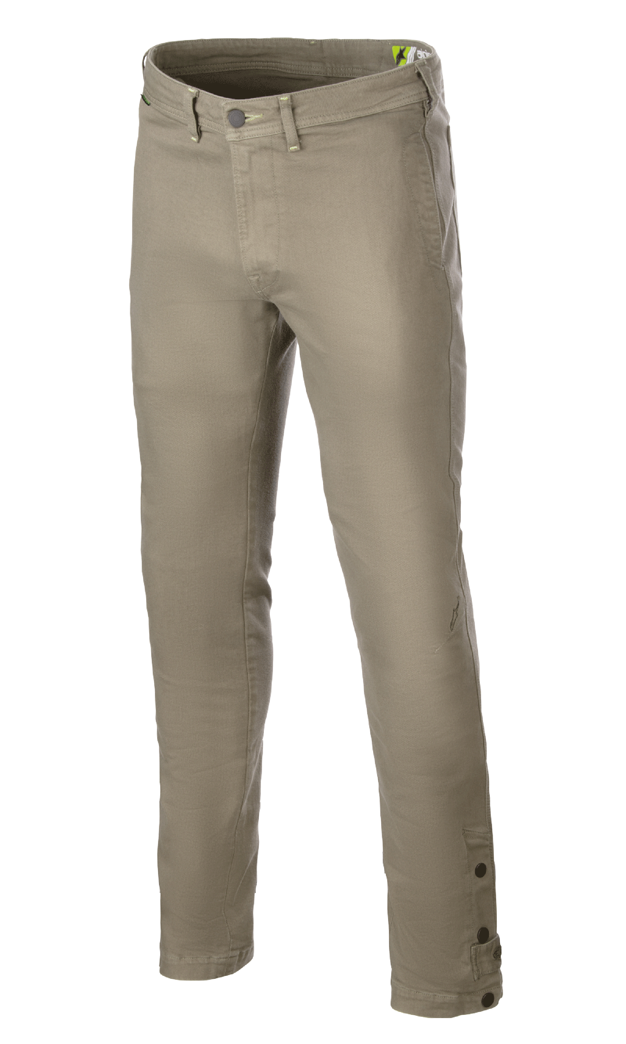 Alpinestars Stratos Regular Fit Tech Riding Pants, motorrijbroek, militair groen, voorzien van een toelopend ontwerp, knoop- en ritssluiting, riemlussen en verstelbare knopen bij de enkels