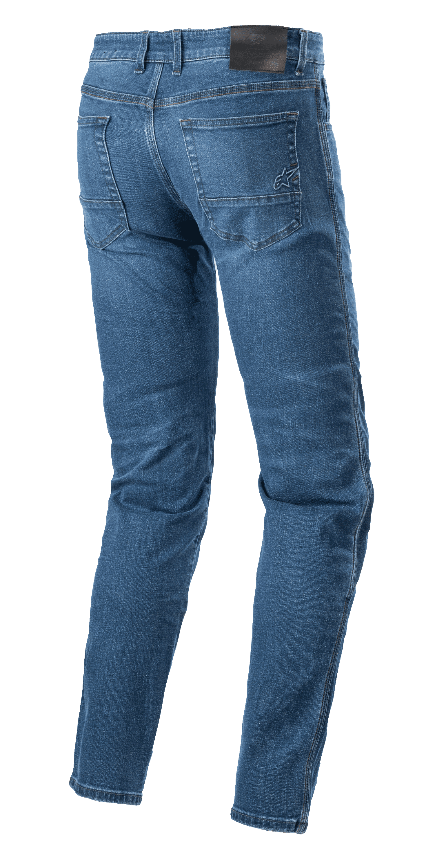 Alpinestars Radon Regular Fit Denim Pants, Motorcycle Riding Jeans, Rinse Blue, back view showing black waistband patch and embroidered star logo on the right rear pocket, pre-curved legs for riding ergonomics, casual five-pocket denim style
