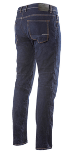Alpinestars Radium Denim Pants, Motorcycle Riding Jeans, Dark Blue, back full-length view, classic five-pocket design with leather-look logo patch on waistband, engineered back leg cut for ergonomic riding comfort.
