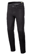 Alpinestars Radium V2 Denim Pants, Motorcycle Riding Jeans, Black Rinse, featuring a regular tapered leg, five-pocket design, belt loops, button and zipper closure, dark denim fabric