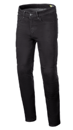 Alpinestars Radium V2 Denim Pants, Motorcycle Riding Jeans, Black Rinse, featuring a regular tapered leg, five-pocket design, belt loops, button and zipper closure, dark denim fabric