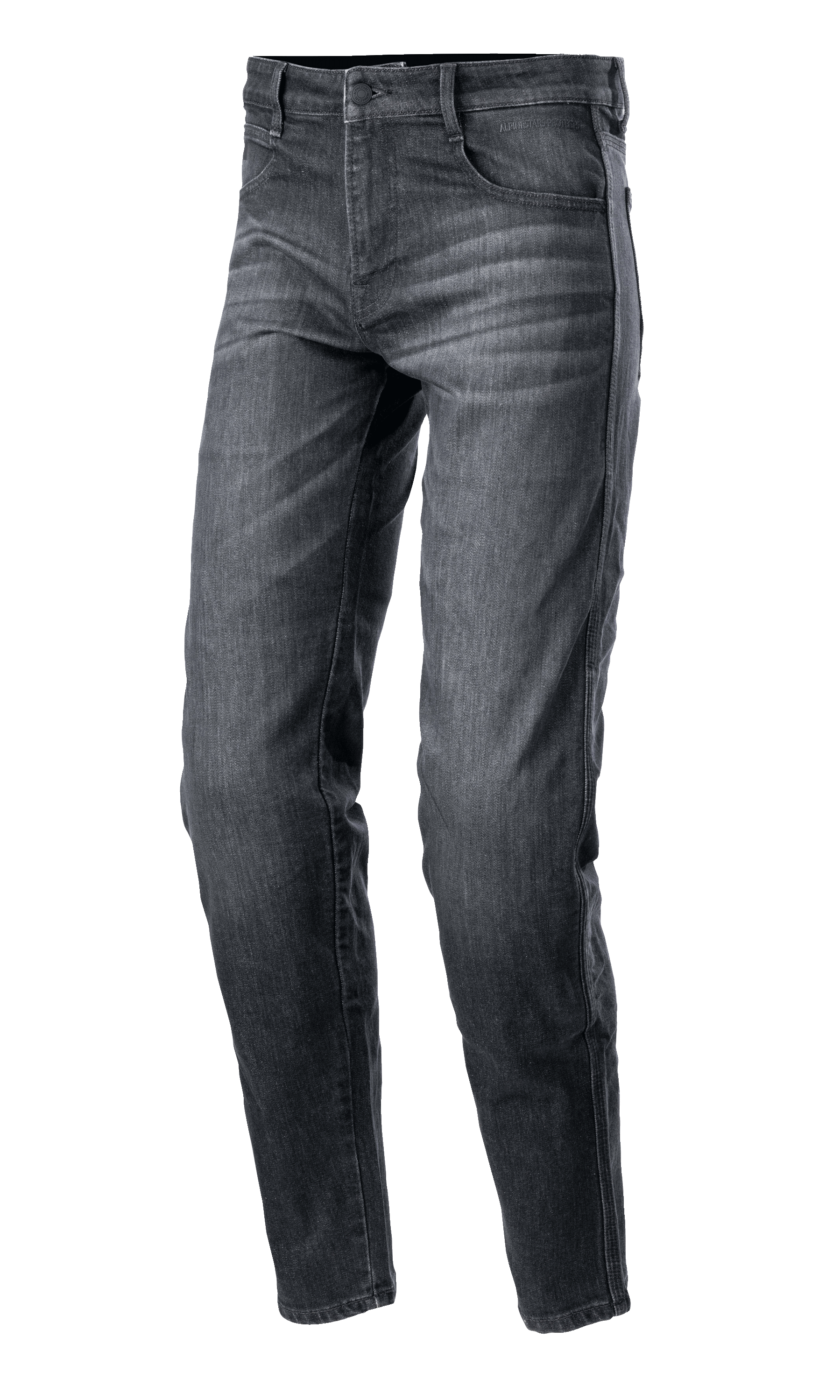 Alpinestars Sektor Regular Fit Denim Pants, jean de moto noir délavé, coupe fuselée décontractée, design à cinq poches avec passants de ceinture, texture denim délavée avec coutures renforcées, équipement de conduite urbaine
