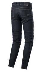 Alpinestars Sektor Regular Fit Denim, Technical Riding Pants, Rinse Blue, rear view featuring back pockets with embroidered star logo, leather waistband patch, and triple-stitched seams, urban motorcycle apparel