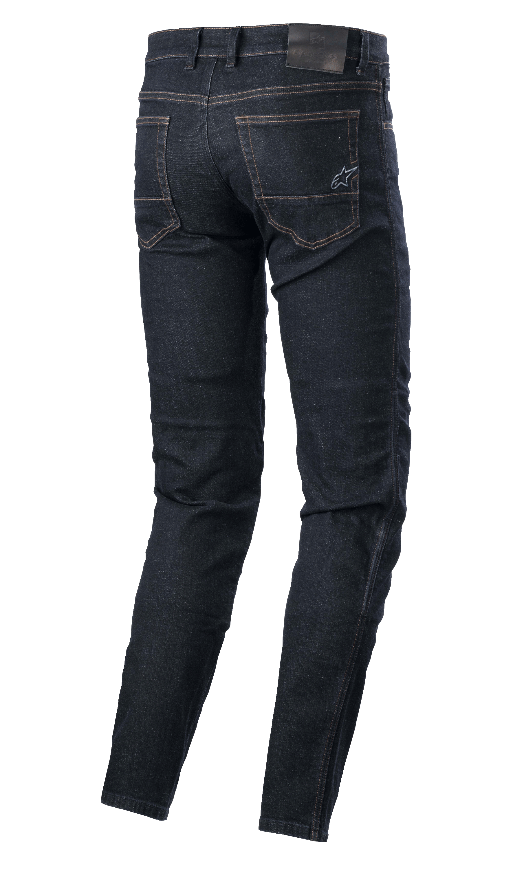 Alpinestars Sektor Regular Fit Denim, Technical Riding Pants, Rinse Blue, rear view featuring back pockets with embroidered star logo, leather waistband patch, and triple-stitched seams, urban motorcycle apparel