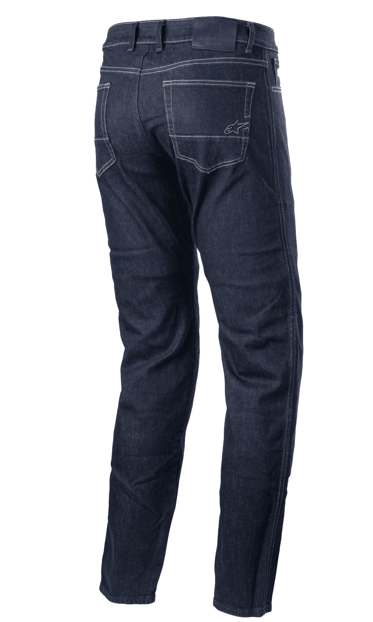 Pantalon en denim Alpinestars Sektor Regular Fit, pantalon de moto urbain, denim bleu foncé, vue arrière montrant les poches arrière avec surpiqûres contrastées claires, petit logo brodé, coupe régulière fuselée