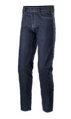 Alpinestars Sektor Regular Fit Denim Pants, jean de moto bleu moyen, pantalon de conduite technique avec surpiqûres blanches contrastantes, conception à cinq poches, passants de ceinture et coupe à jambe fuselée en denim extensible