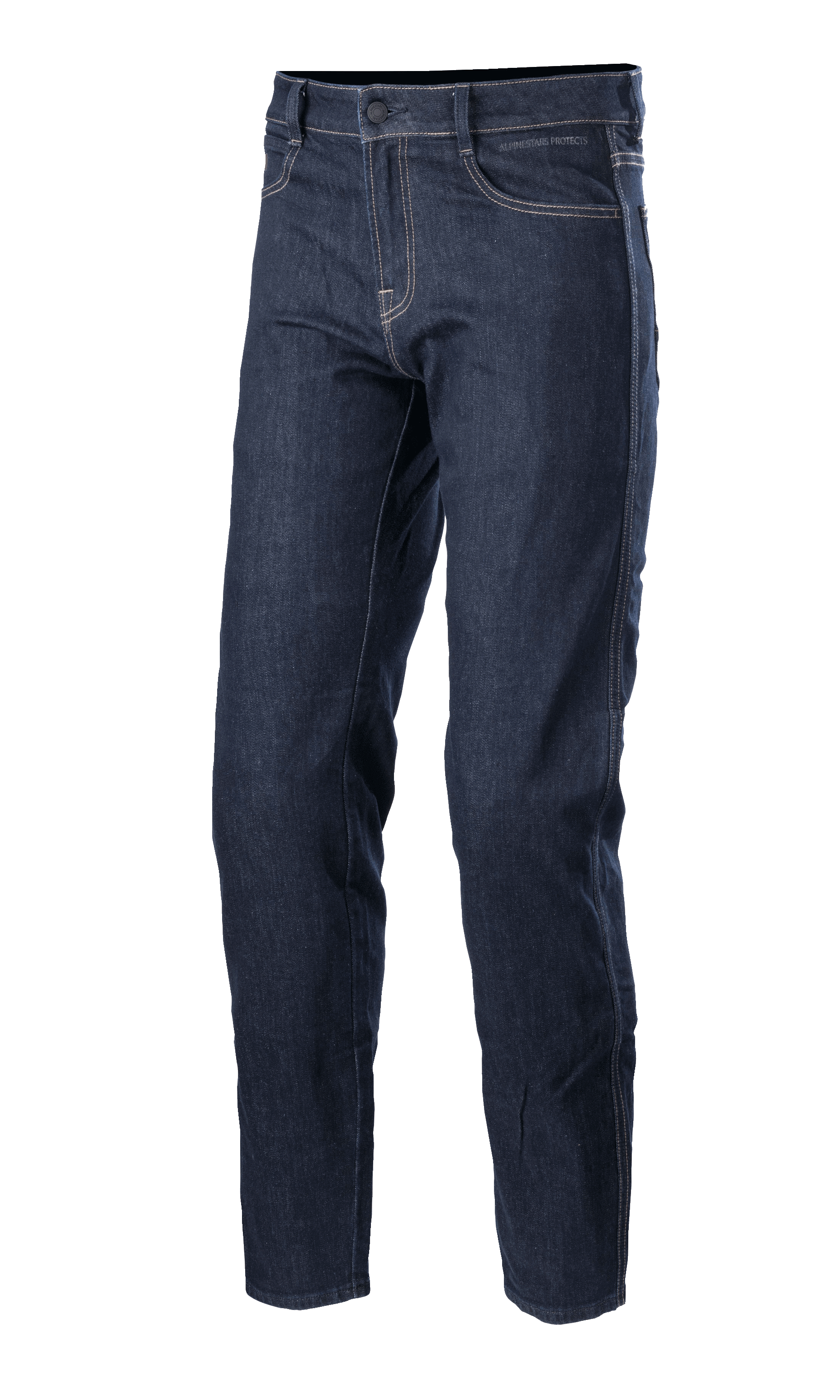 Alpinestars Sektor Regular Fit Denim Pants, jean de moto bleu moyen, pantalon de conduite technique avec surpiqûres blanches contrastantes, conception à cinq poches, passants de ceinture et coupe à jambe fuselée en denim extensible