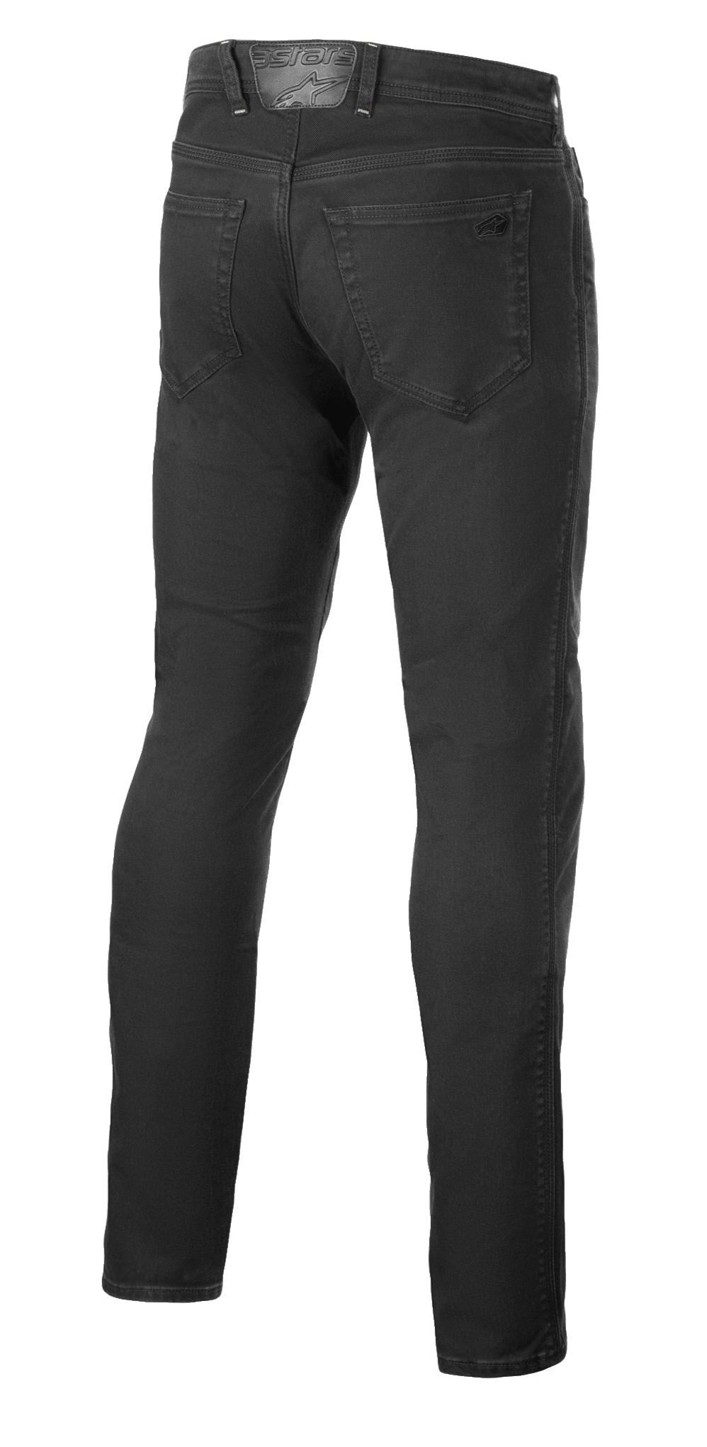 Alpinestars Copper V3 Denim broek, motorrijbroek, Black Rinse, achteraanzicht met achterzakken en lederen patch op de tailleband met tonale branding, comfortabele regular pasvorm met rechte pijpen