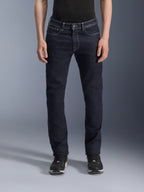 Alpinestars Copper V3 Denim Pants, jean de moto, bleu foncé, coupe droite regular comfort, coutures contrastées blanches visibles, poches avant, style urbain décontracté